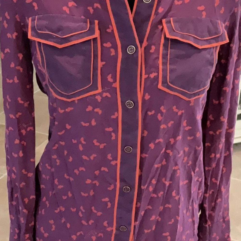 Tory Burch silk button down top, purple/orange, size XS